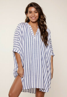 Luchtige blauw‑wit gestreepte blousejurk van LingaDore met een comfortabele pasvorm, verkrijgbaar in maat 36 t/m 46.